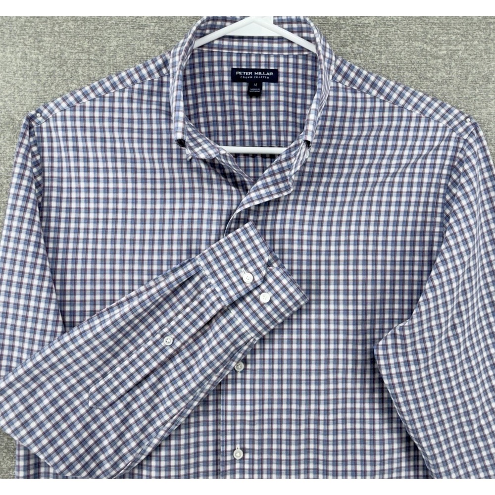 Peter Millar Crown Crafted Shirt Men Medium Long Sleeve Blue Plaid Button Up